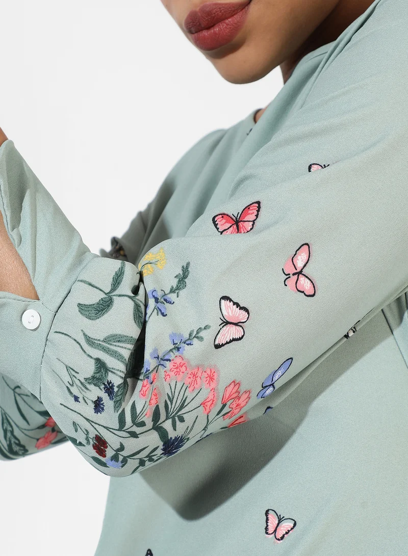 Pinacolada  Women's Sage Green Printed Regular Fit Top For Casual Wear | Crewneck | Quarter Sleeve | Top Crafted With Regular Sleeve, Comfort Fit & High-Performance For Everyday Wear for Women | Best Price UAE